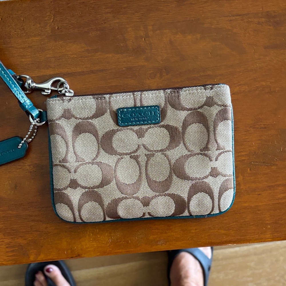 Coach Signature Brown and Teal Wristlet
